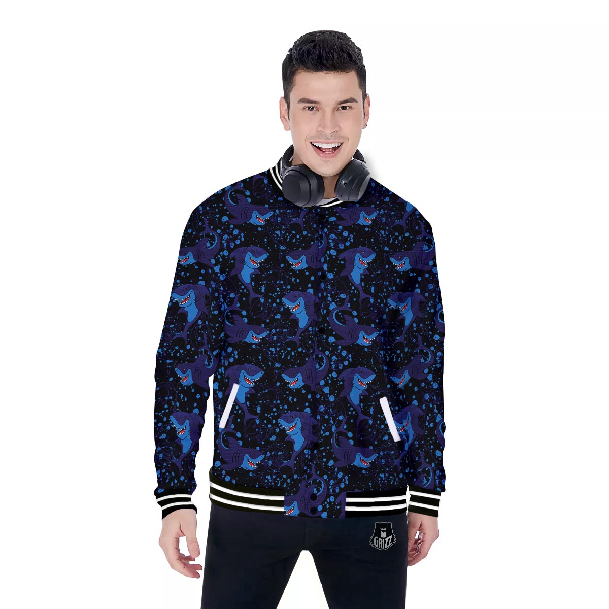 Shark Smiley Print Pattern Baseball Jacket-grizzshop