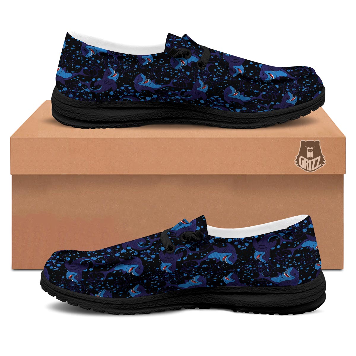 Shark Smiley Print Pattern Black Loafers-grizzshop