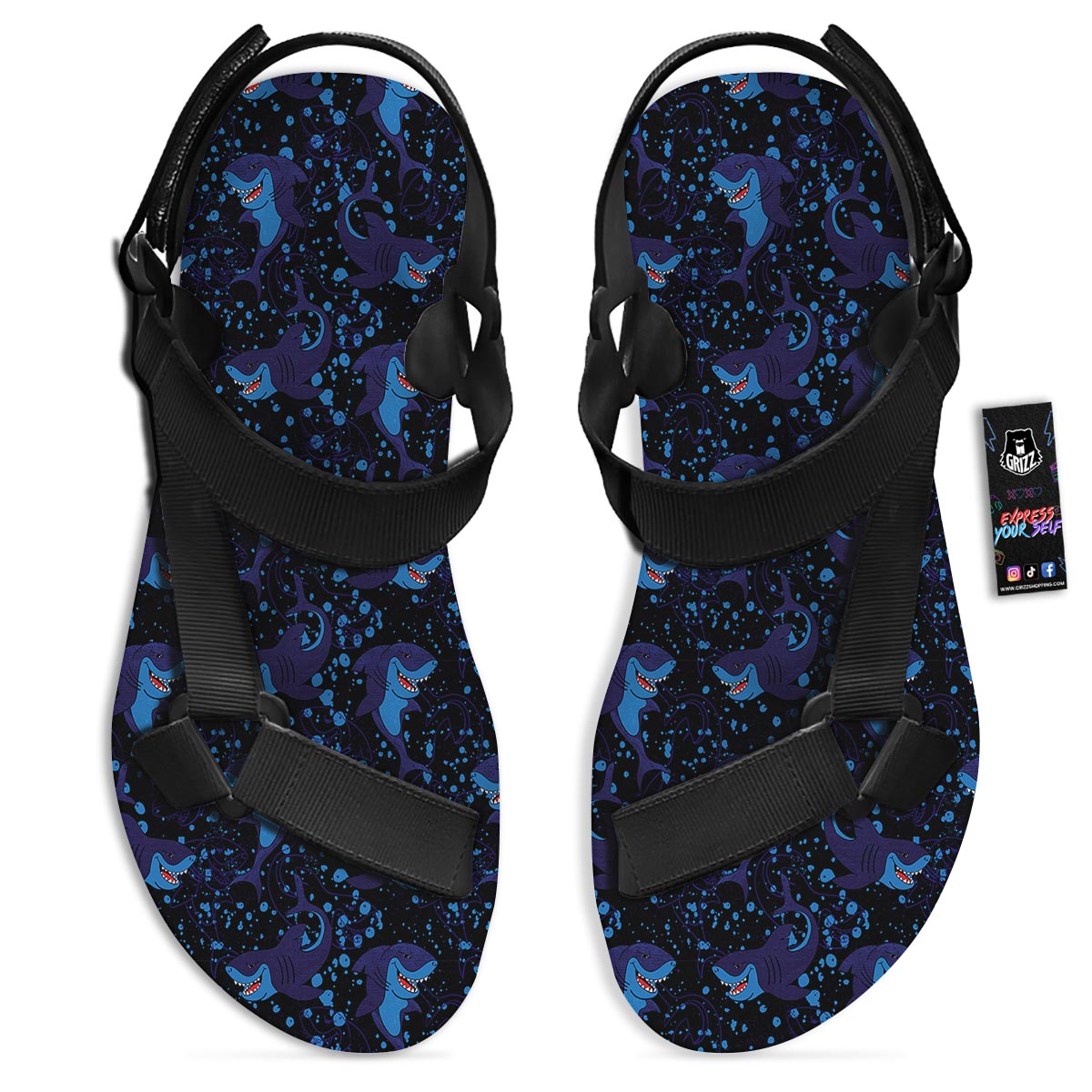 Shark Smiley Print Pattern Black Open Toe Sandals-grizzshop
