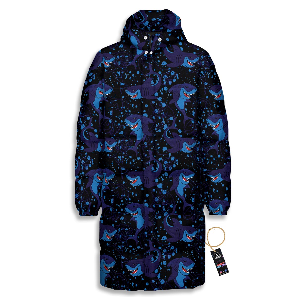 Shark Smiley Print Pattern Long Down Jacket-grizzshop