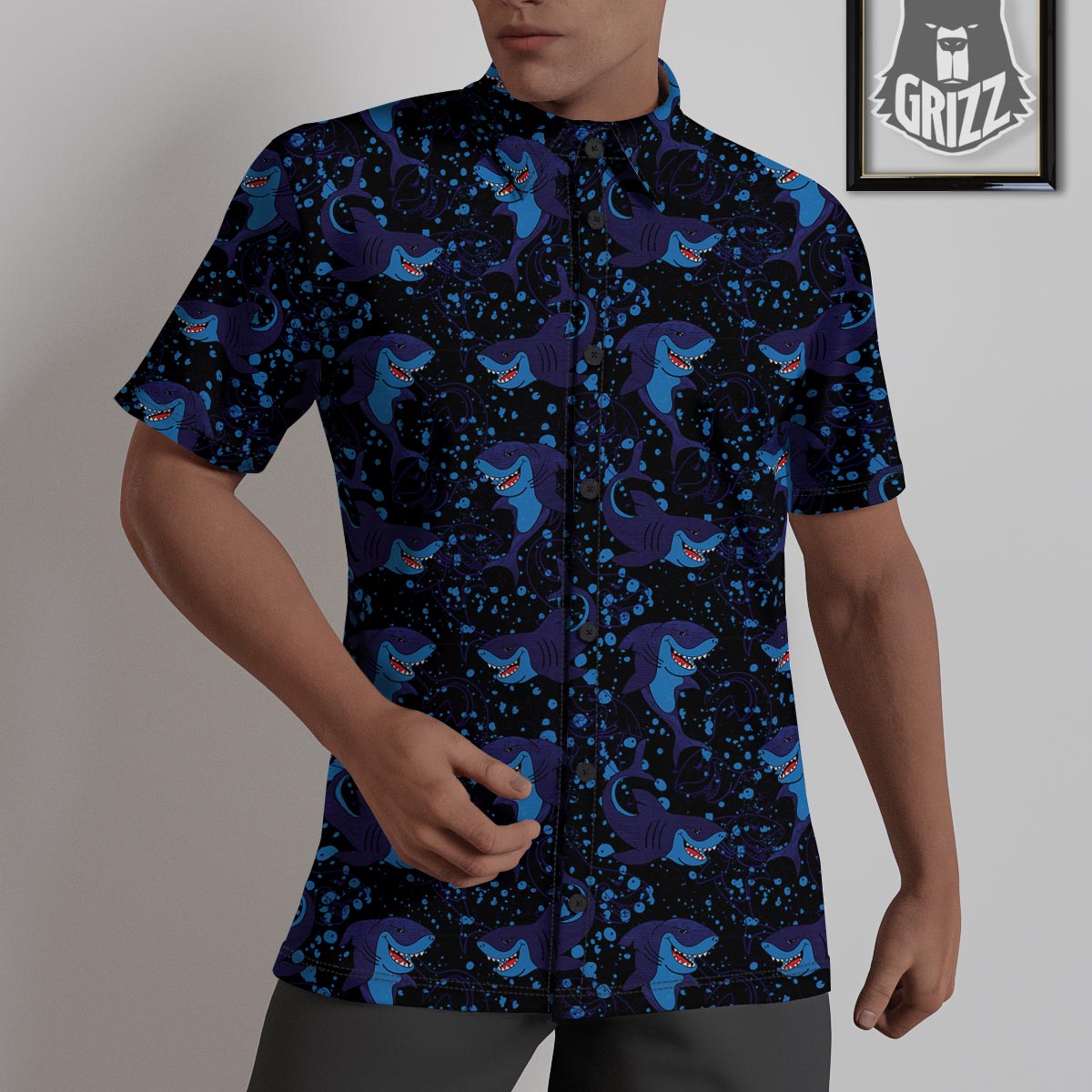Shark Smiley Print Pattern Untucked Shirts-grizzshop