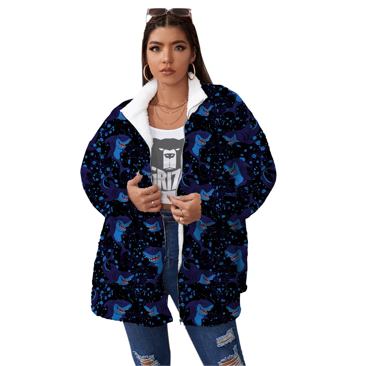 Shark Smiley Print Pattern Women's Sherpa Jacket-grizzshop