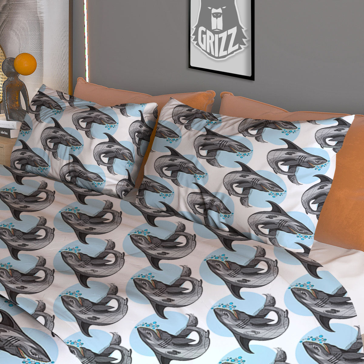 Shark White And Grey Print Pattern Duvet Cover Bedding Set
