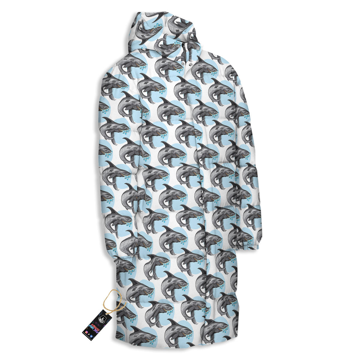 Shark White And Grey Print Pattern Long Down Jacket-grizzshop