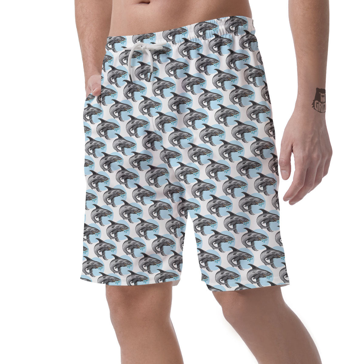 Shark White And Grey Print Pattern Men's Shorts-grizzshop