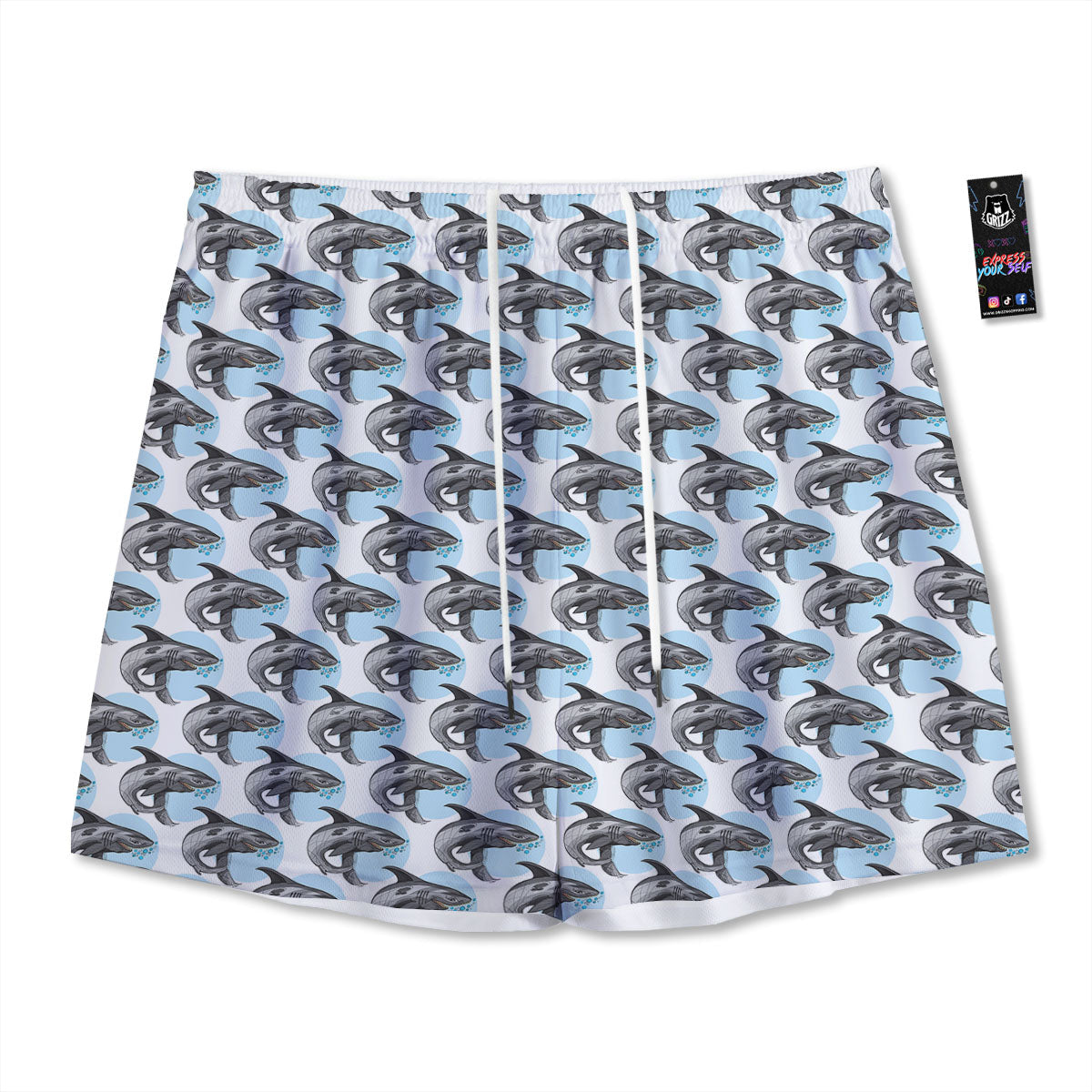 Shark White And Grey Print Pattern Mesh Shorts
