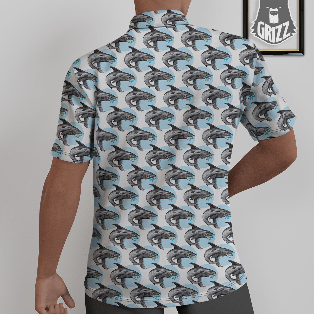 Shark White And Grey Print Pattern Untucked Shirts-grizzshop