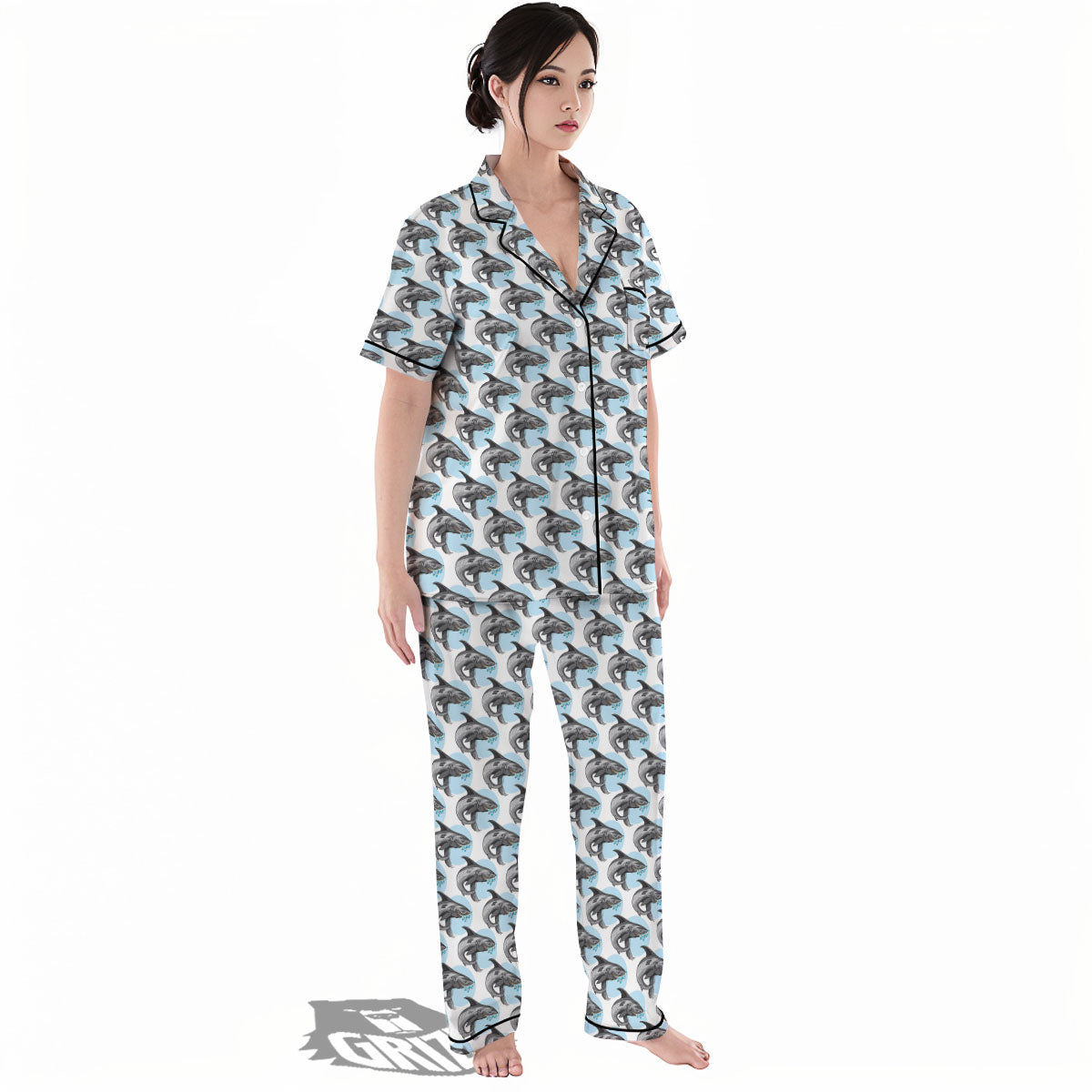 Shark White And Grey Print Pattern Women's Pajamas Set-grizzshop