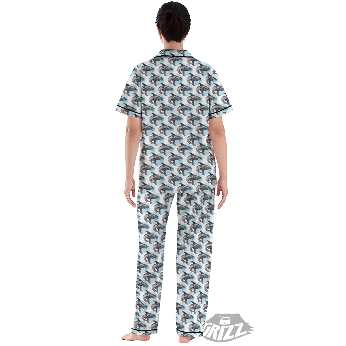Shark White And Grey Print Pattern Women's Pajamas Set-grizzshop