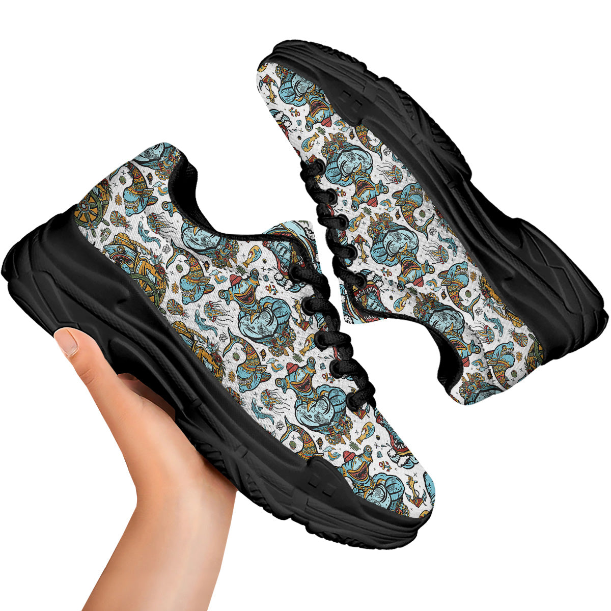 Sharks Underwater Tattoo Print Pattern Black Chunky Shoes-grizzshop