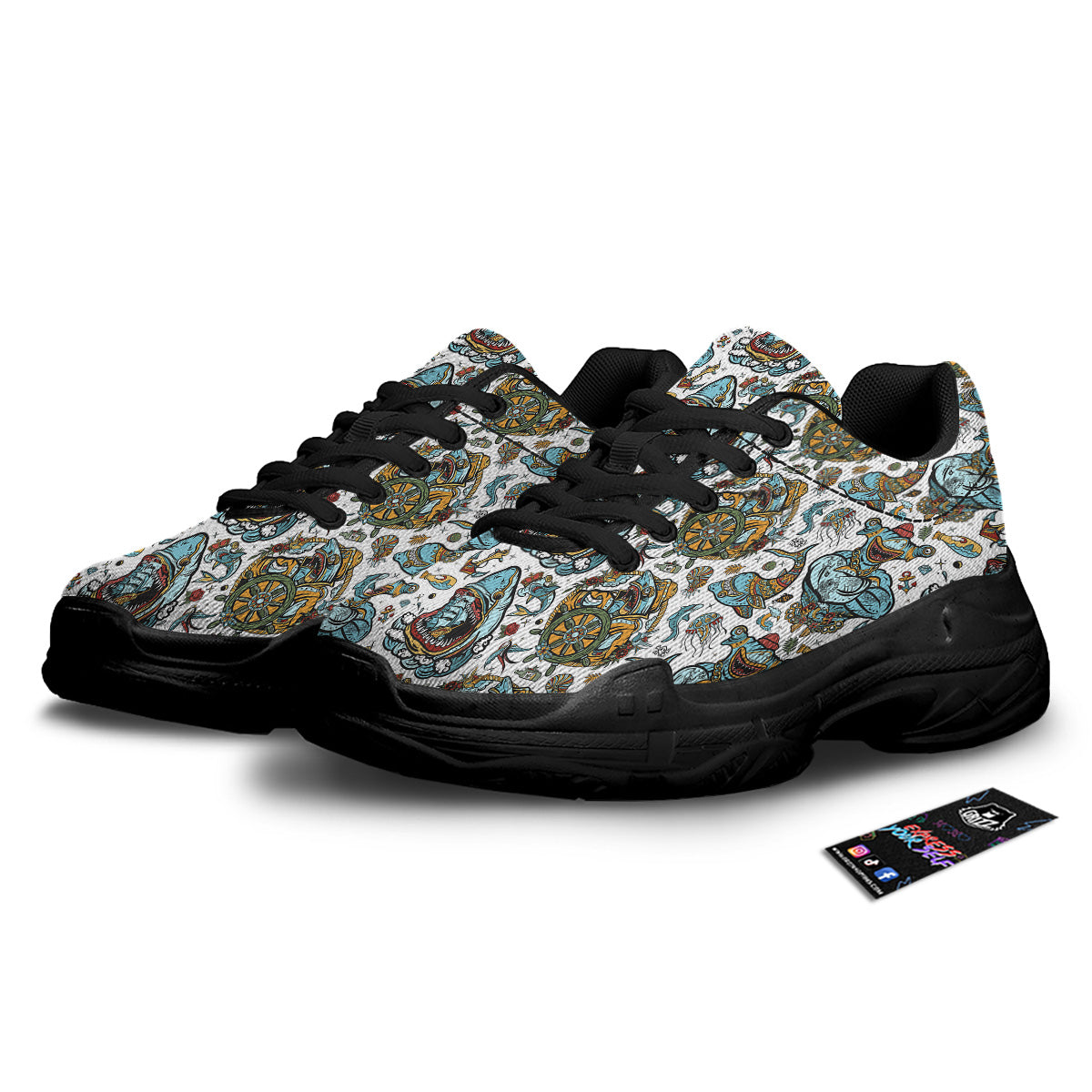 Sharks Underwater Tattoo Print Pattern Black Chunky Shoes-grizzshop