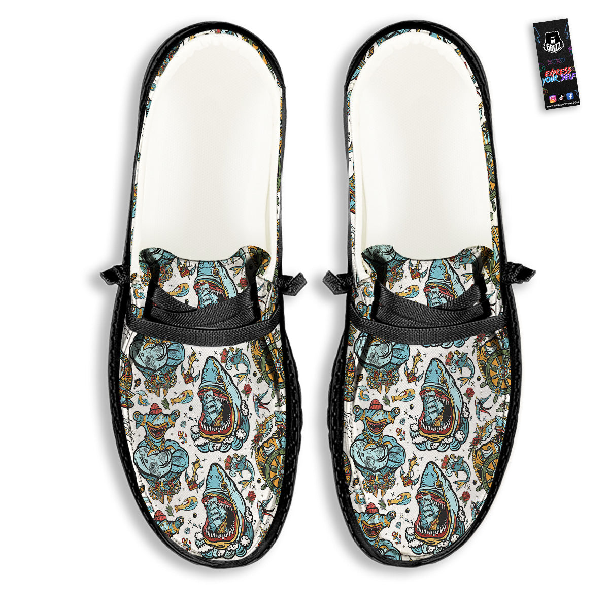 Sharks Underwater Tattoo Print Pattern Black Loafers-grizzshop