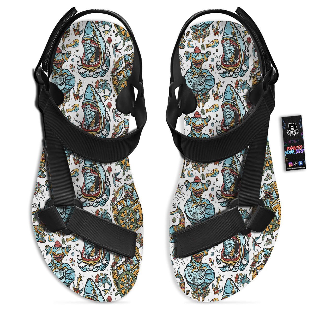 Sharks Underwater Tattoo Print Pattern Black Open Toe Sandals-grizzshop