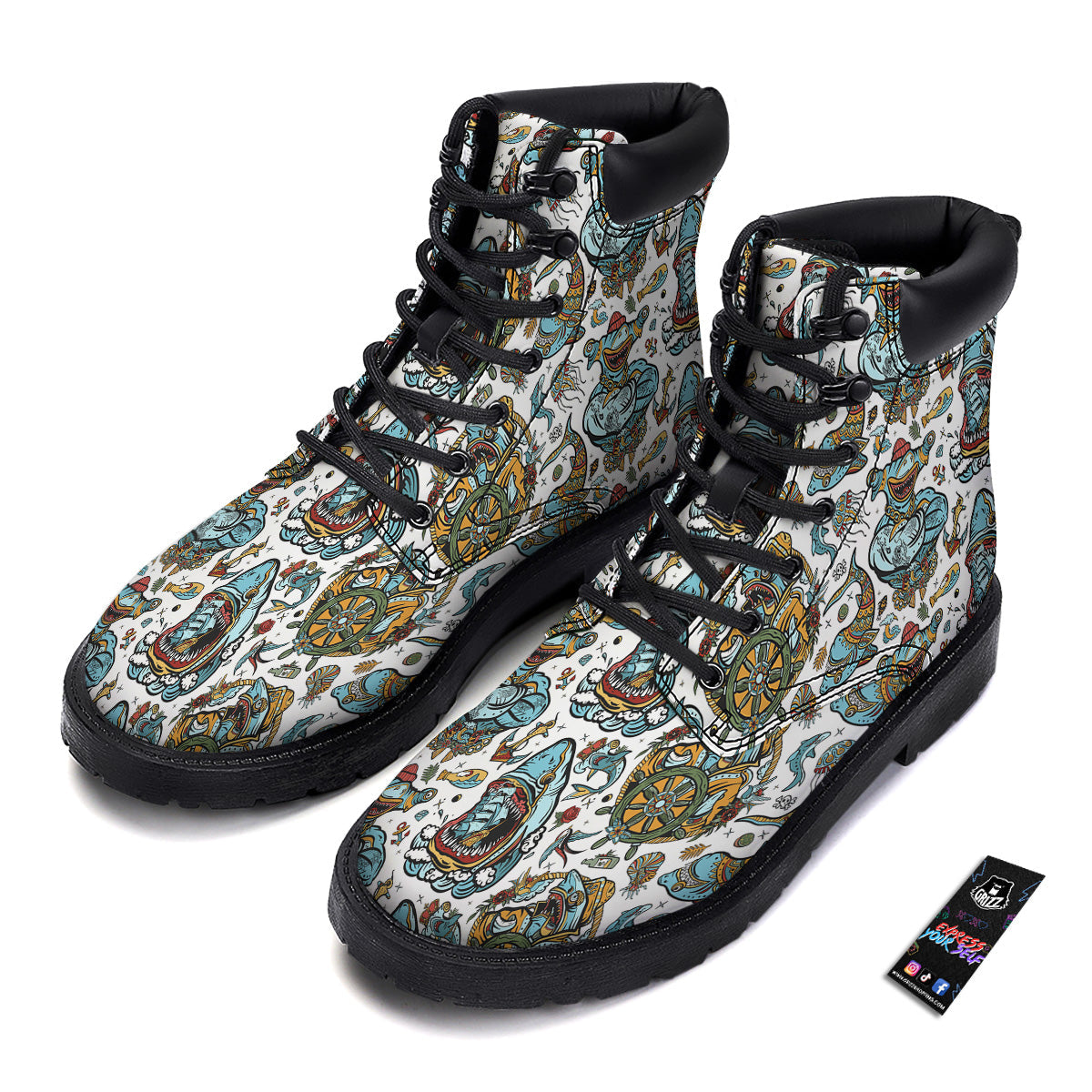 Sharks Underwater Tattoo Print Pattern Boots-grizzshop