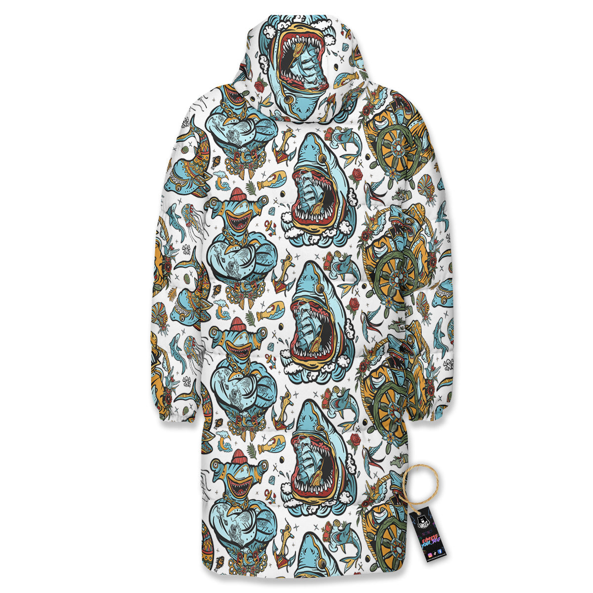 Sharks Underwater Tattoo Print Pattern Long Down Jacket-grizzshop