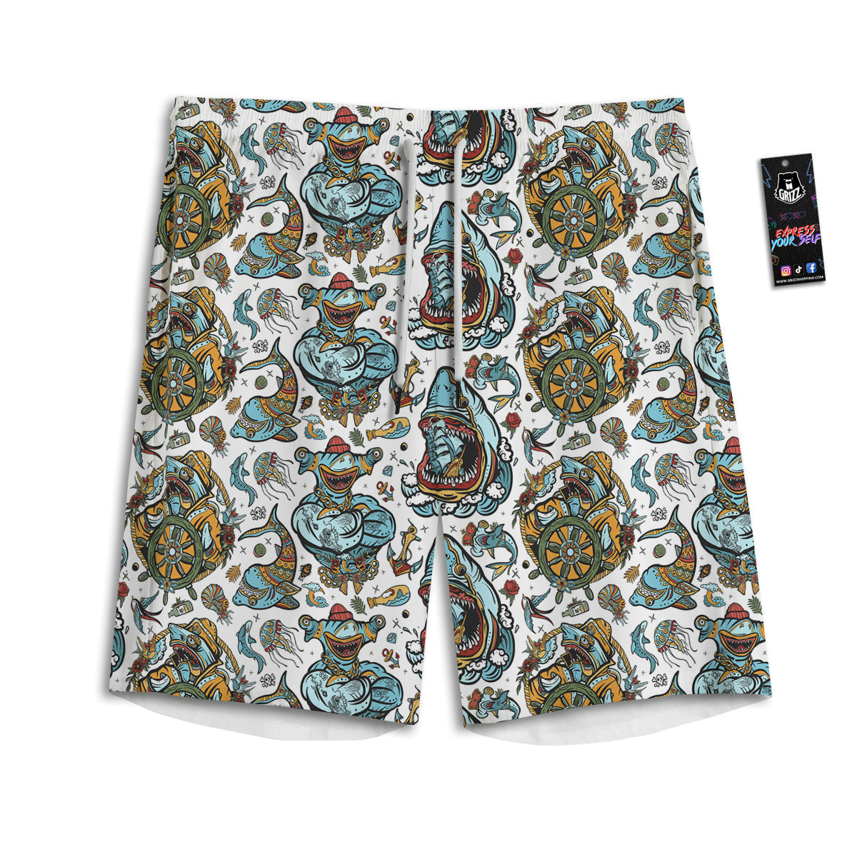 Sharks Underwater Tattoo Print Pattern Men's Athletic Shorts