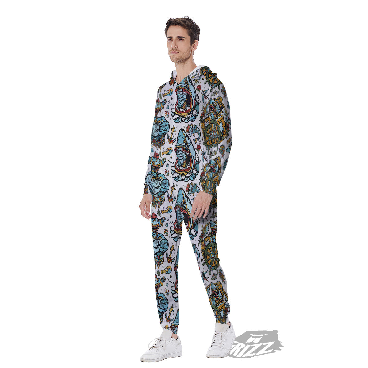 Sharks Underwater Tattoo Print Pattern Men's Jumpsuit-grizzshop
