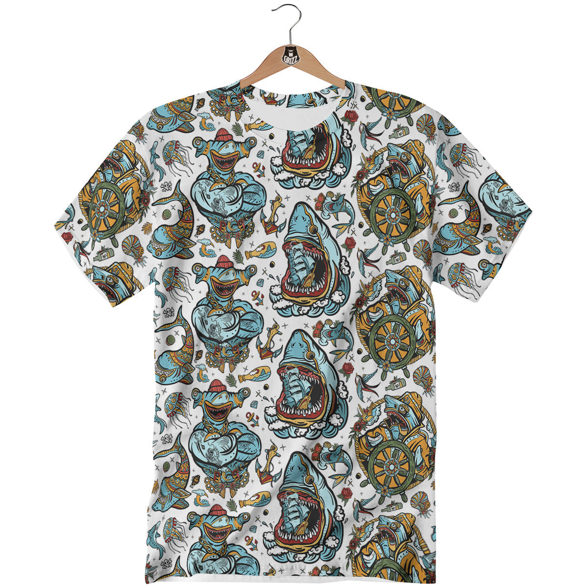 Sharks Underwater Tattoo Print Pattern T-Shirt-grizzshop