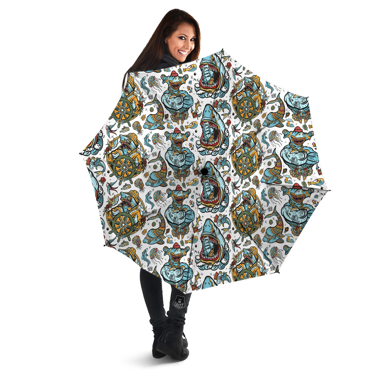 Sharks Underwater Tattoo Print Pattern Umbrella-grizzshop