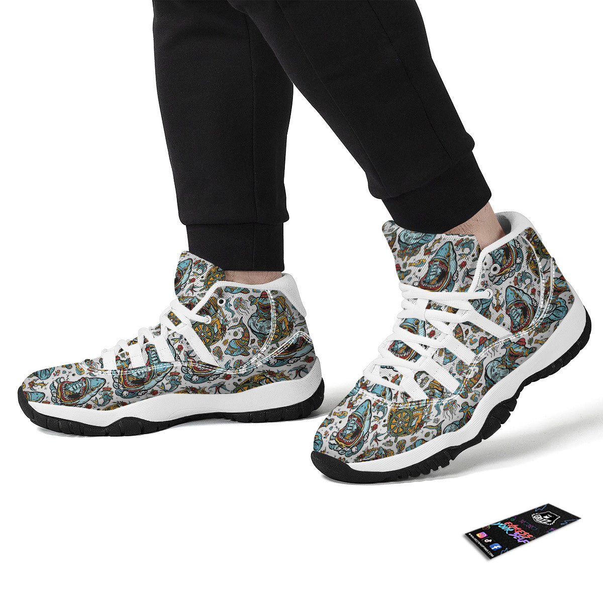 Sharks Underwater Tattoo Print Pattern White Bball Shoes-grizzshop