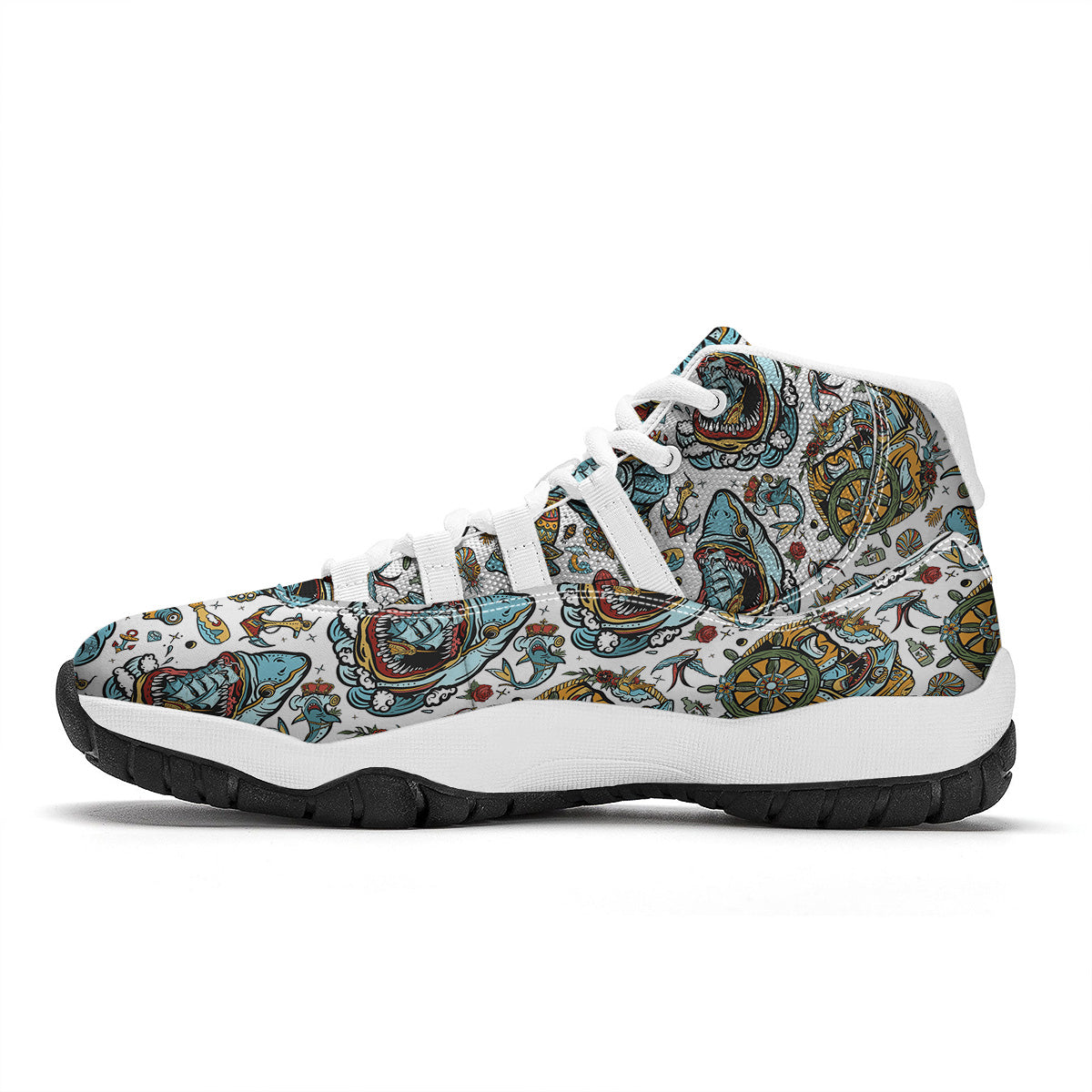 Sharks Underwater Tattoo Print Pattern White Bball Shoes-grizzshop