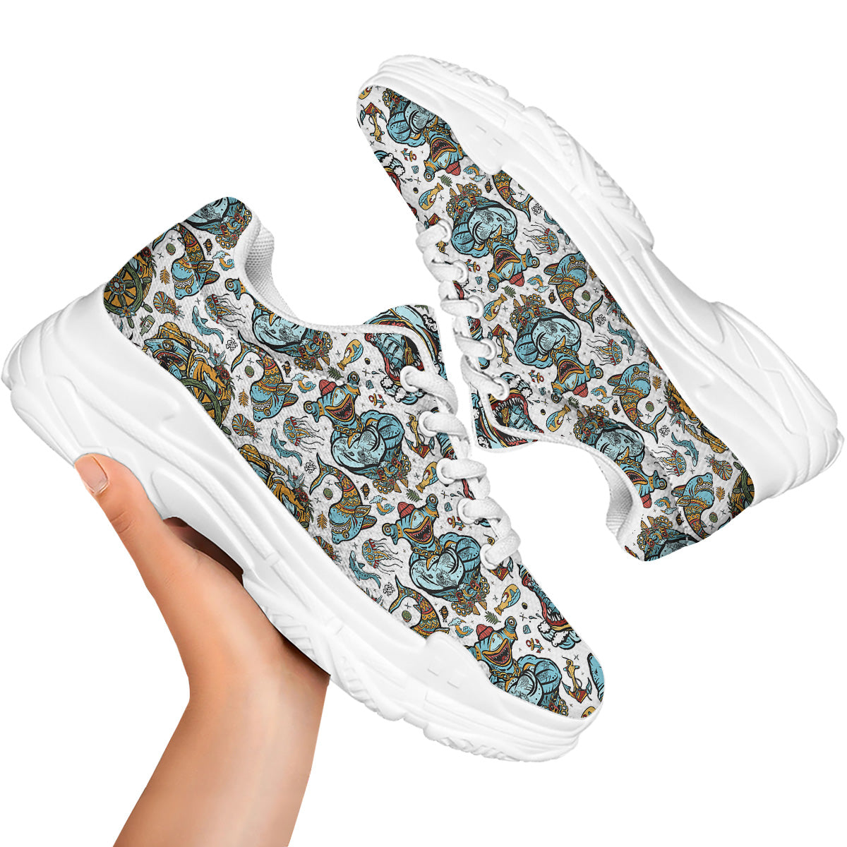 Sharks Underwater Tattoo Print Pattern White Chunky Shoes-grizzshop