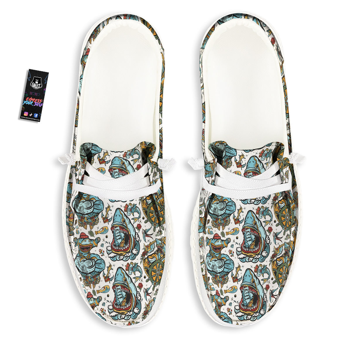 Sharks Underwater Tattoo Print Pattern White Loafers-grizzshop