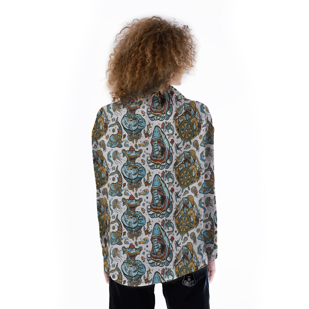 Sharks Underwater Tattoo Print Pattern Women's Long Sleeve Shirts-grizzshop