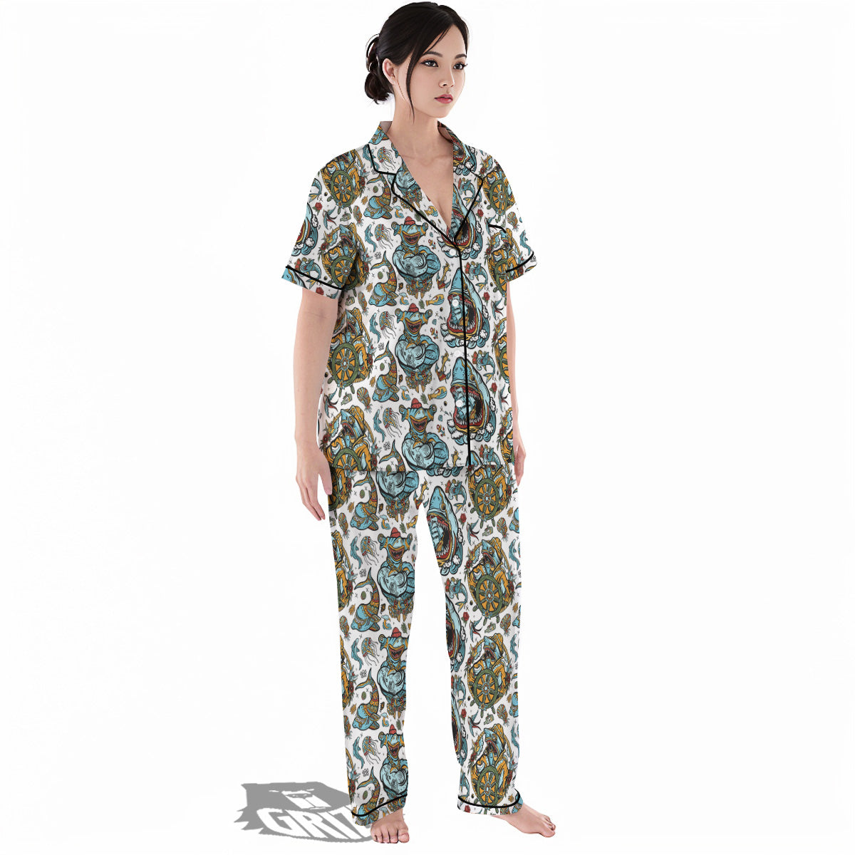 Sharks Underwater Tattoo Print Pattern Women's Pajamas Set-grizzshop