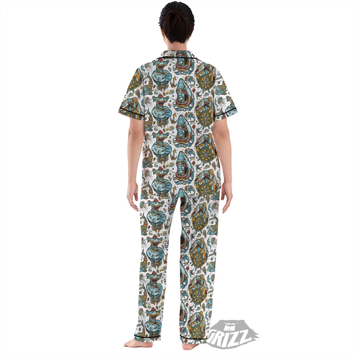 Sharks Underwater Tattoo Print Pattern Women's Pajamas Set-grizzshop