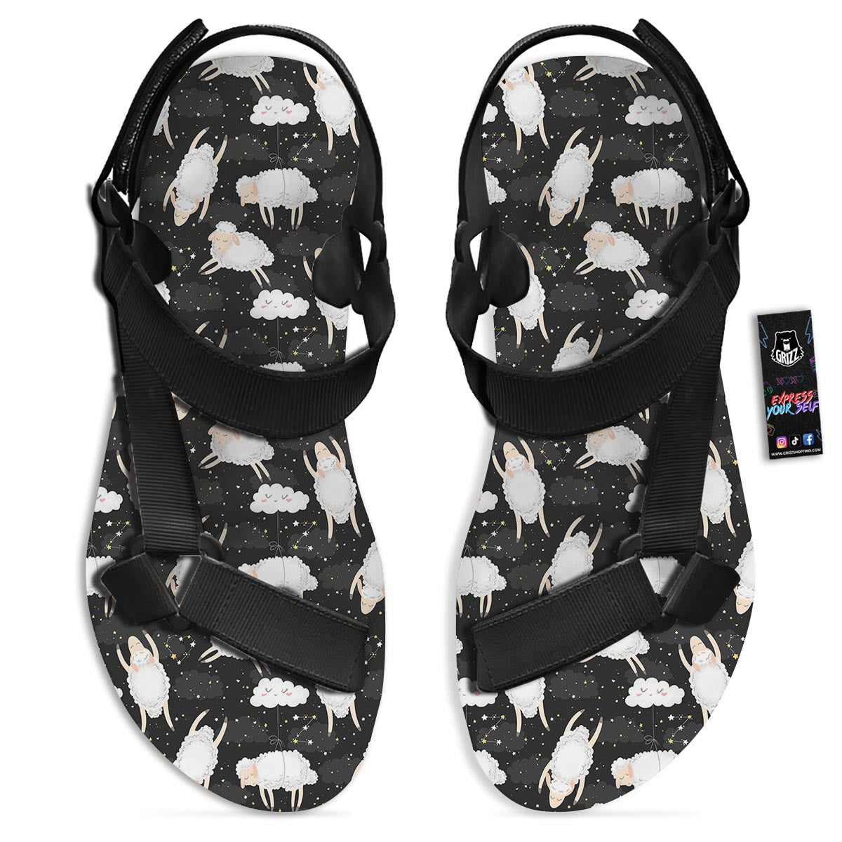 Sheep And Star Print Pattern Black Open Toe Sandals-grizzshop