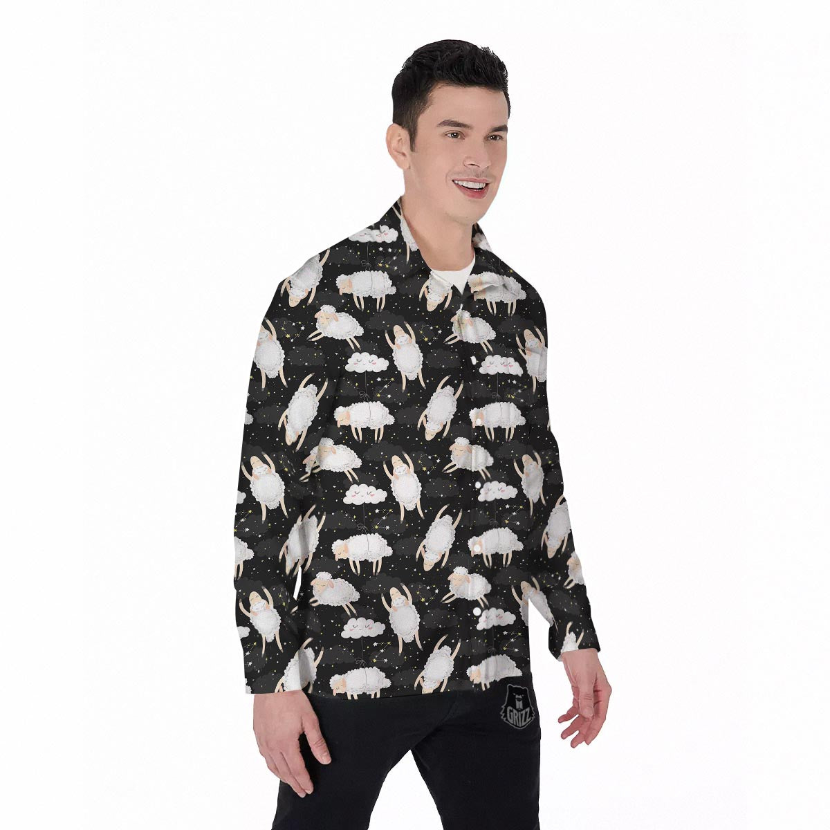 Sheep And Star Print Pattern Men's Long Sleeve Shirts-grizzshop