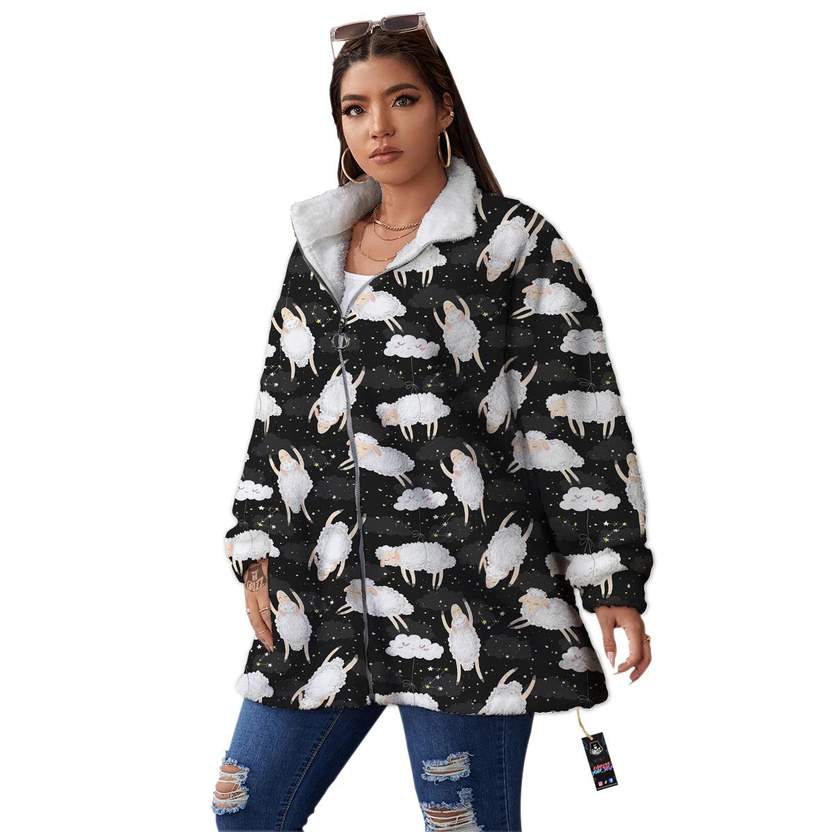 Sheep And Star Print Pattern Women's Sherpa Jacket-grizzshop