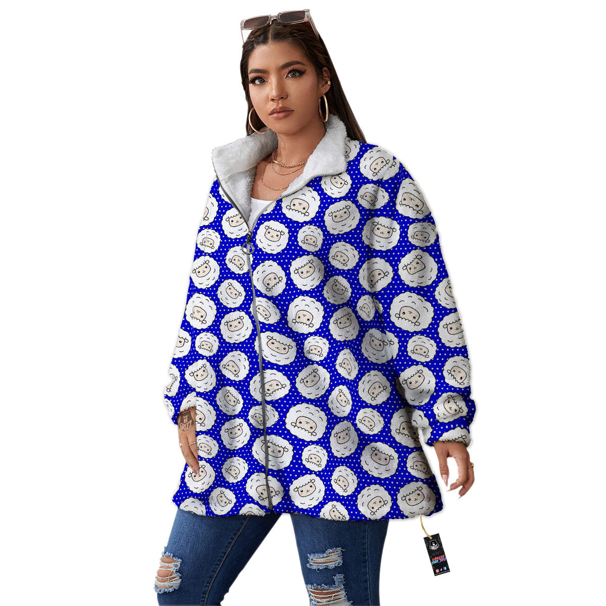 Sheep Cartoon Print Pattern Women's Sherpa Jacket-grizzshop