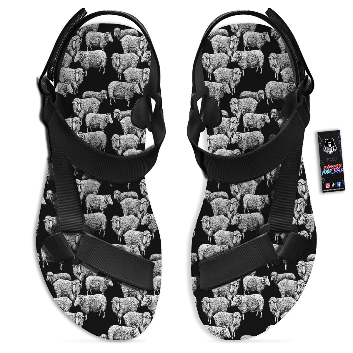 Sheep Doodle Print Pattern Black Open Toe Sandals-grizzshop