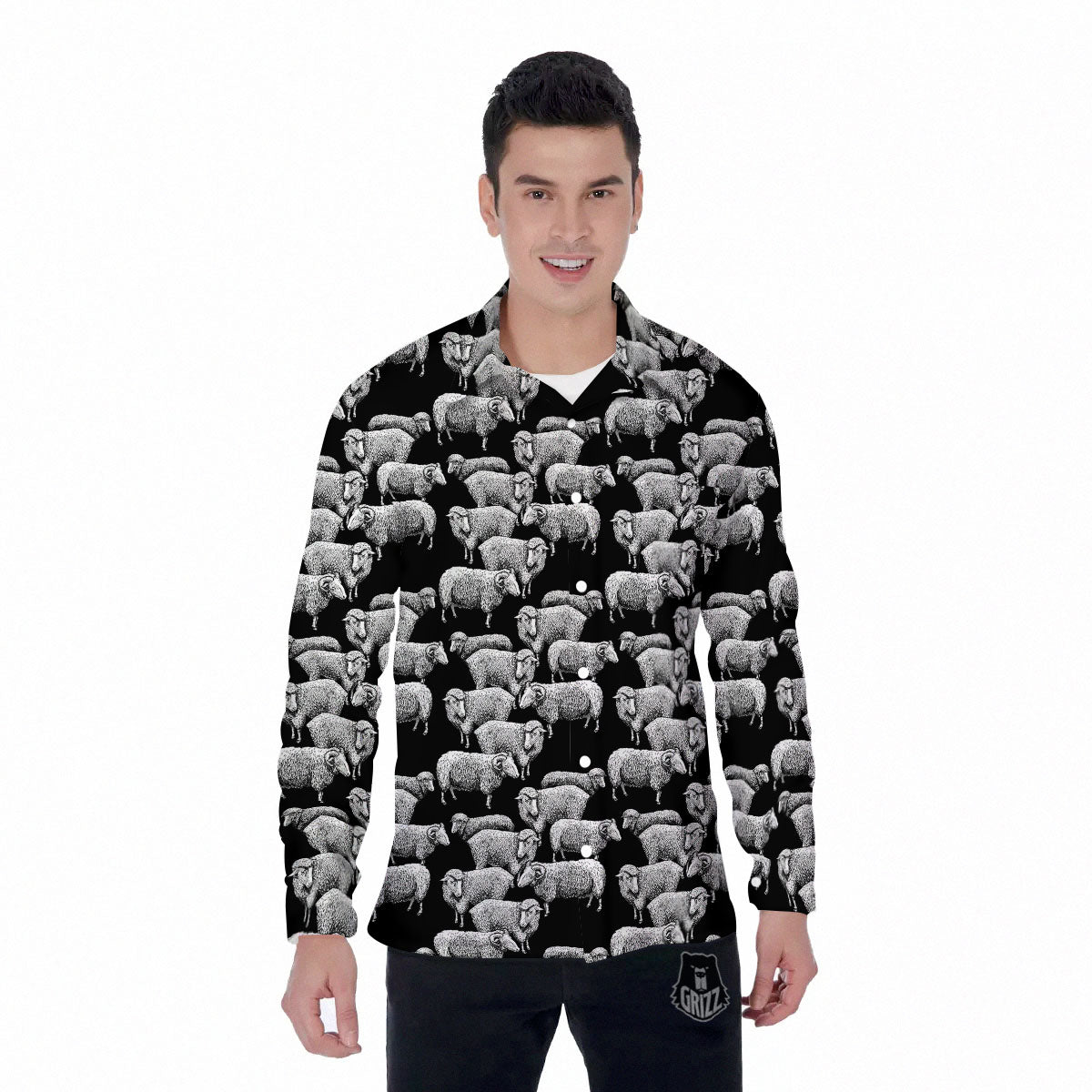 Sheep Doodle Print Pattern Men's Long Sleeve Shirts-grizzshop