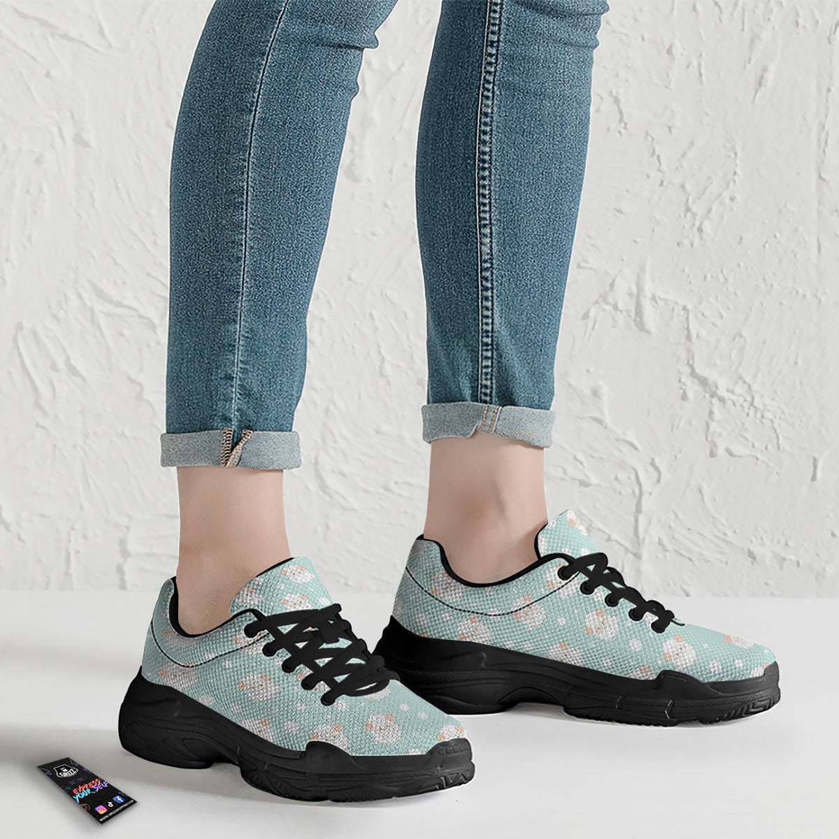 Sheep Kawaii Print Pattern Black Chunky Shoes-grizzshop