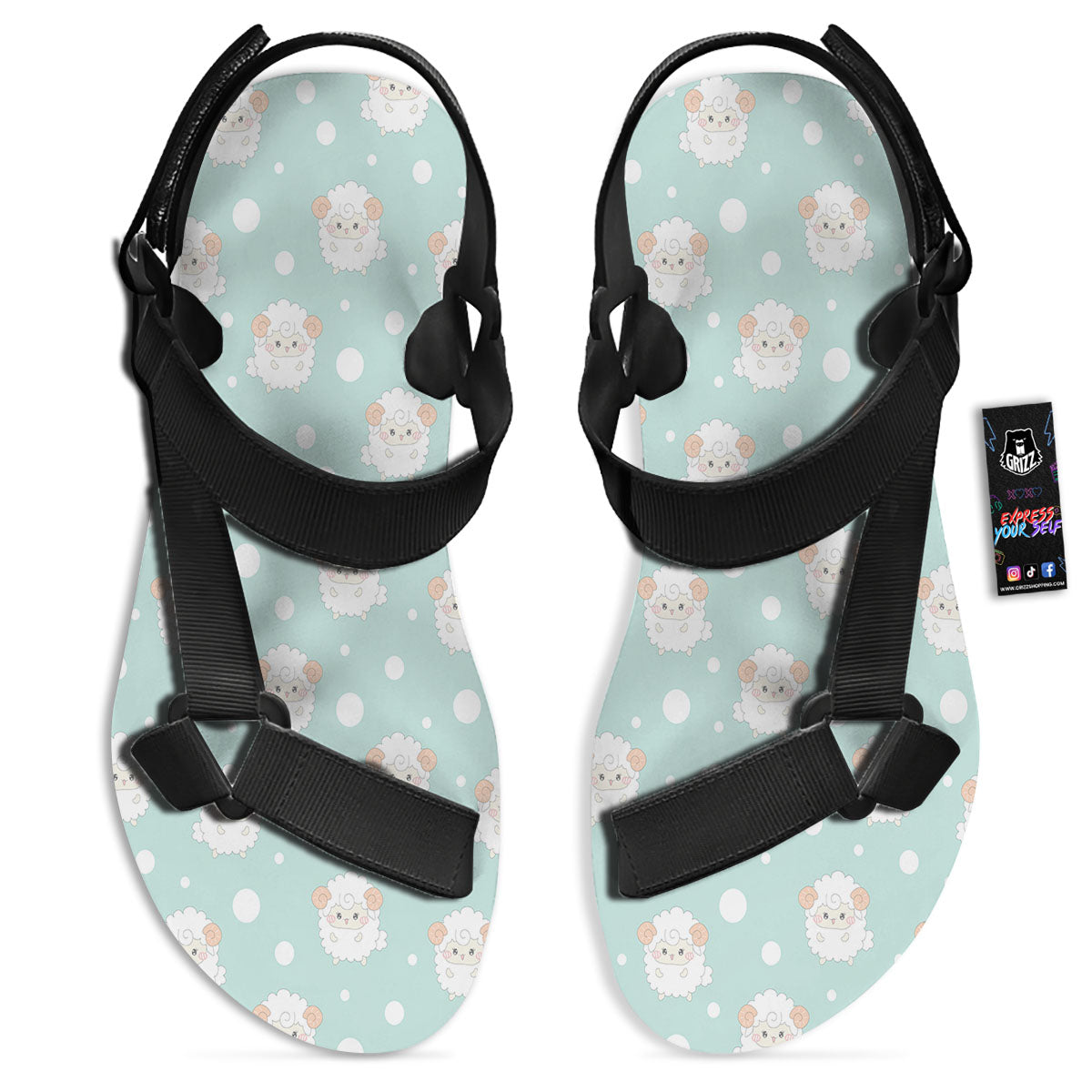Sheep Kawaii Print Pattern Black Open Toe Sandals-grizzshop