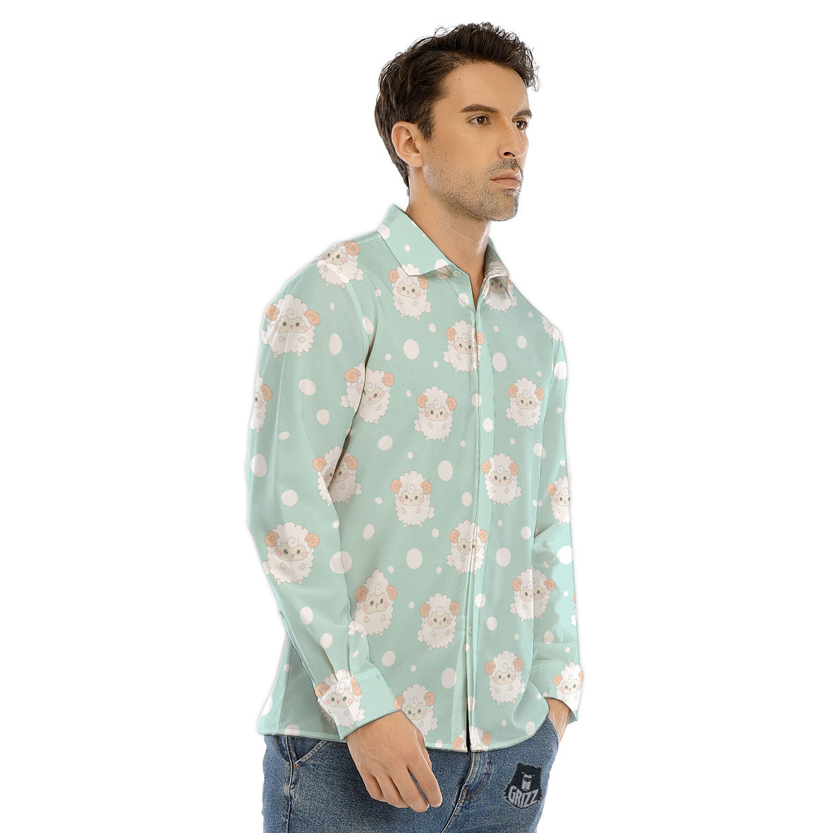 Sheep Kawaii Print Pattern Men's Dress Shirts-grizzshop