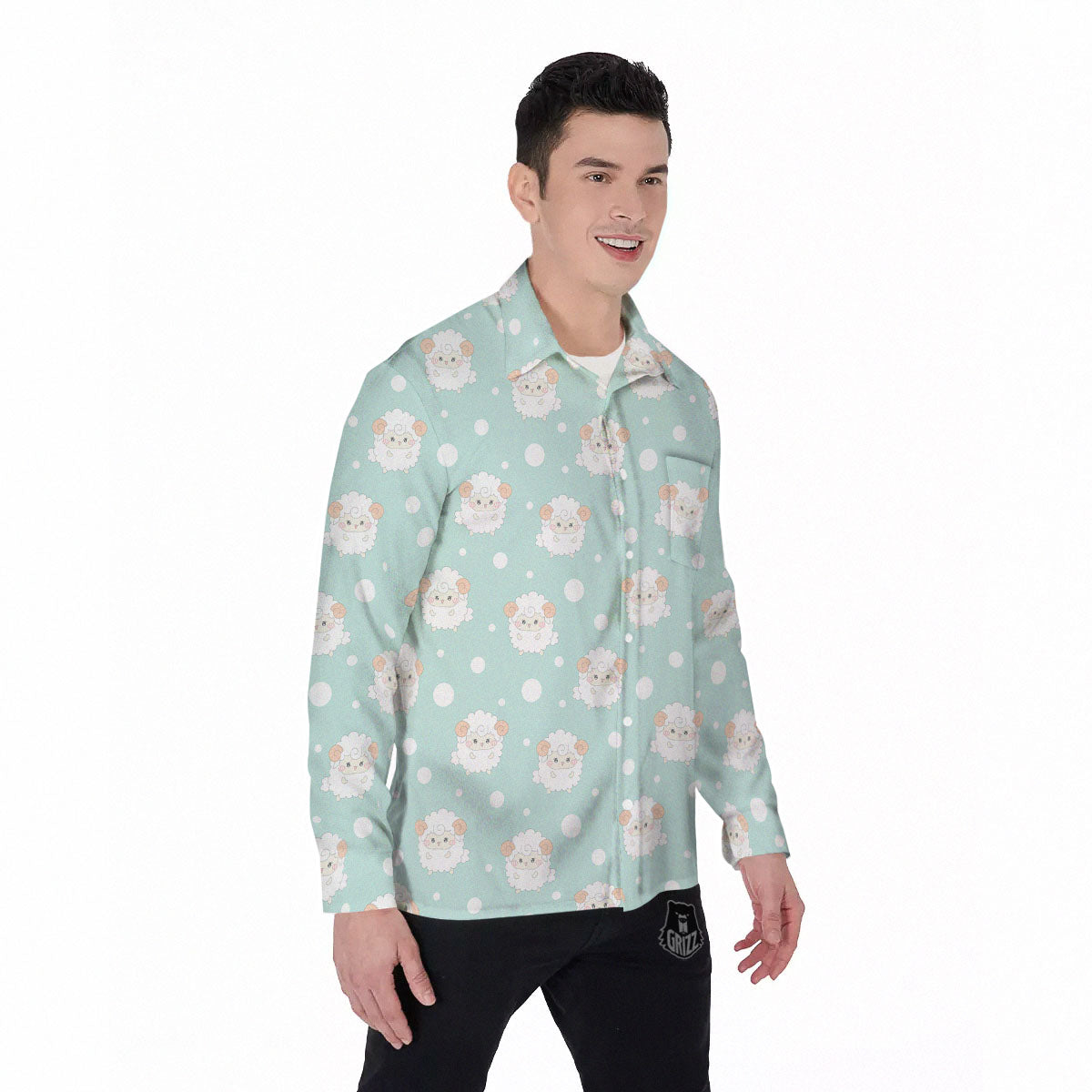 Sheep Kawaii Print Pattern Men's Long Sleeve Shirts-grizzshop