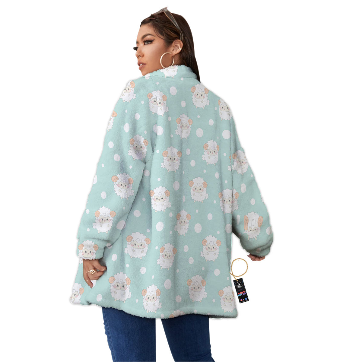 Sheep Kawaii Print Pattern Women's Sherpa Jacket-grizzshop