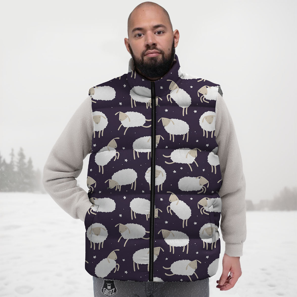 Sheep Print Pattern Down Vest-grizzshop