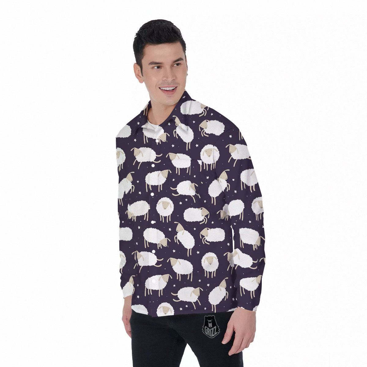 Sheep Print Pattern Men's Long Sleeve Shirts-grizzshop