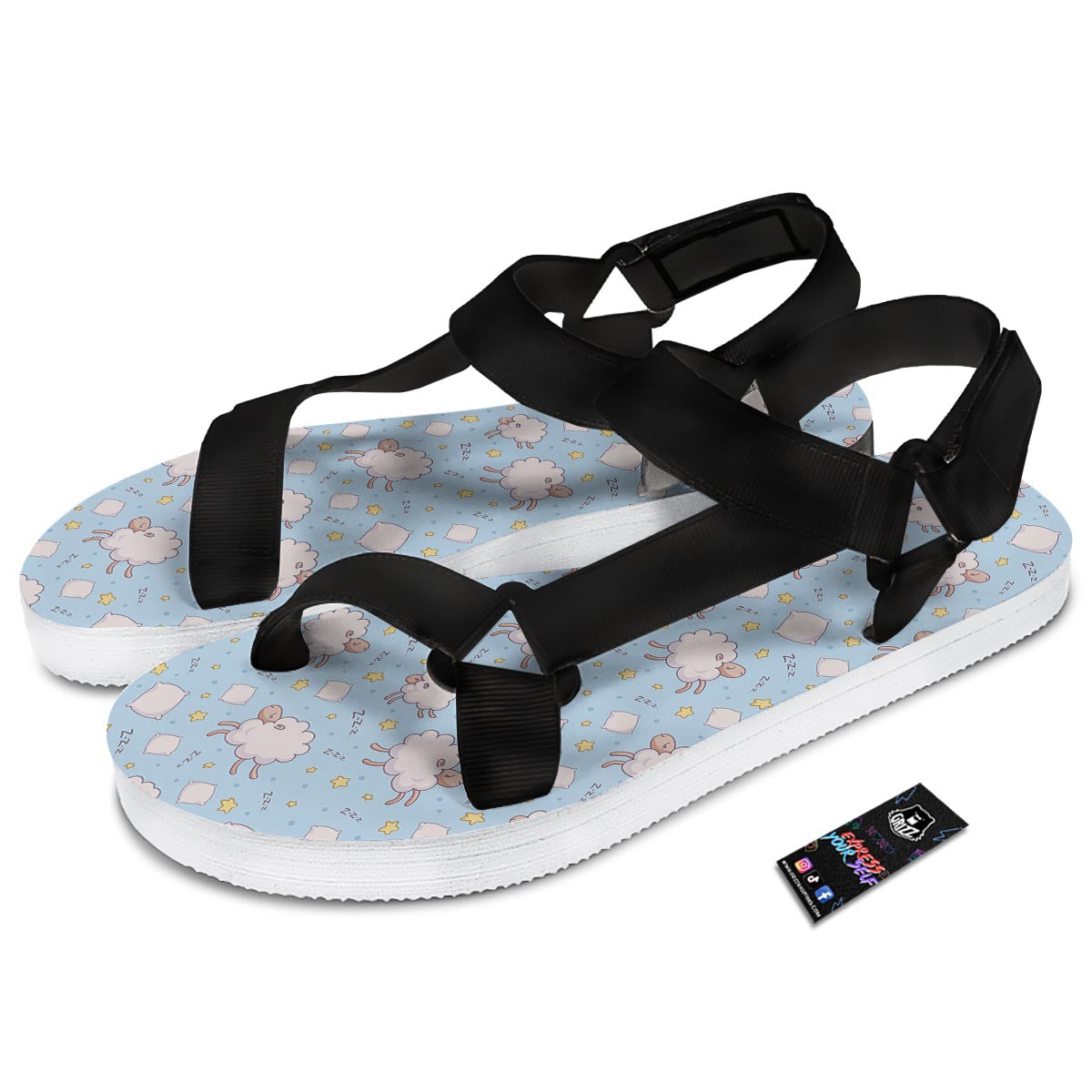 Sheep Sleeping Print Pattern Black Open Toe Sandals-grizzshop
