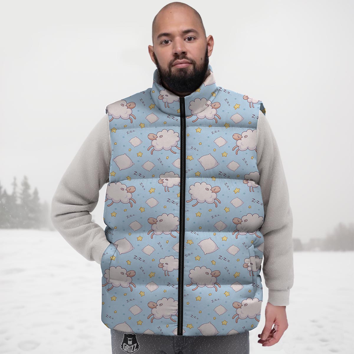 Sheep Sleeping Print Pattern Down Vest-grizzshop
