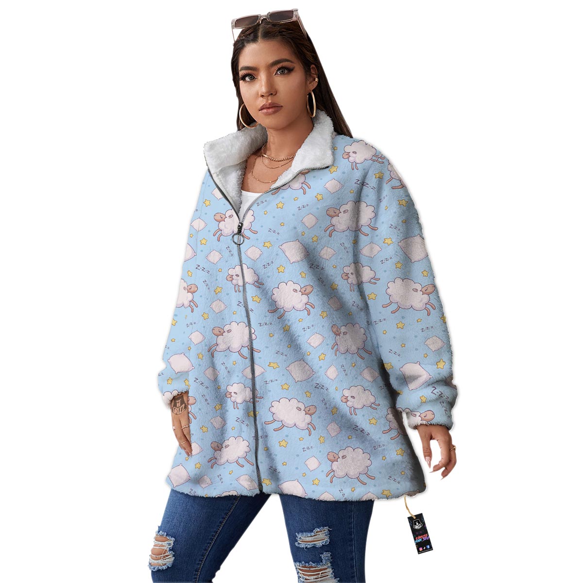 Sheep Sleeping Print Pattern Women's Sherpa Jacket-grizzshop