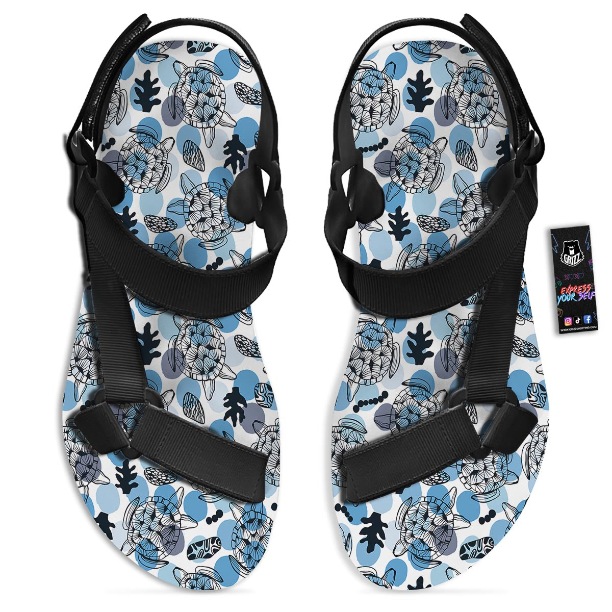 Shell Sea Turtle Print Pattern Black Open Toe Sandals-grizzshop