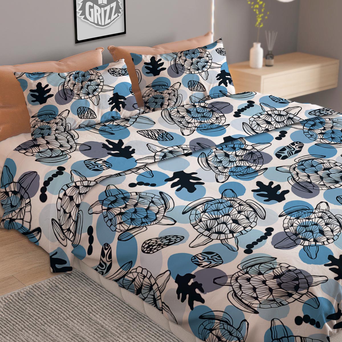 Shell Sea Turtle Print Pattern Duvet Cover Bedding Set-grizzshop