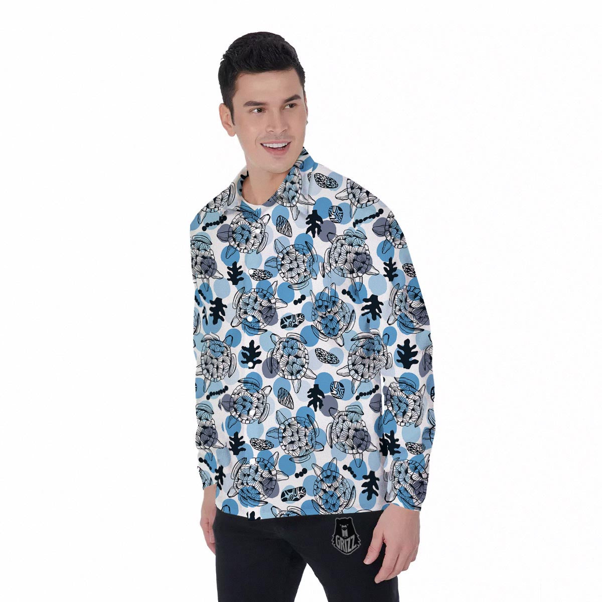 Shell Sea Turtle Print Pattern Men's Long Sleeve Shirts-grizzshop