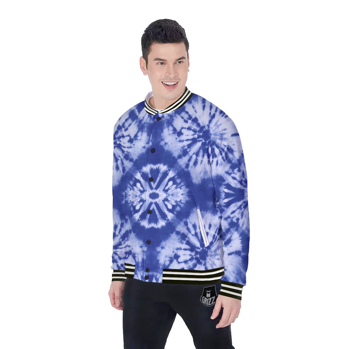Shibori Blue Print Baseball Jacket-grizzshop
